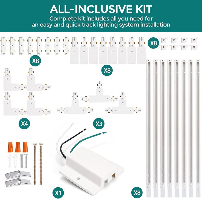 iCreating H Track Lighting Rails Kit - 26ft White Track Light Tracks 3 Wire with Floating Canopy Connector, I and L Connectors for Single Circuit H Type LED Tracks Lighting Heads Fixtures - Image 2